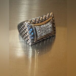 Diamond ring 14k yellow gold 925 silver channel-set rectangular face. sz 7